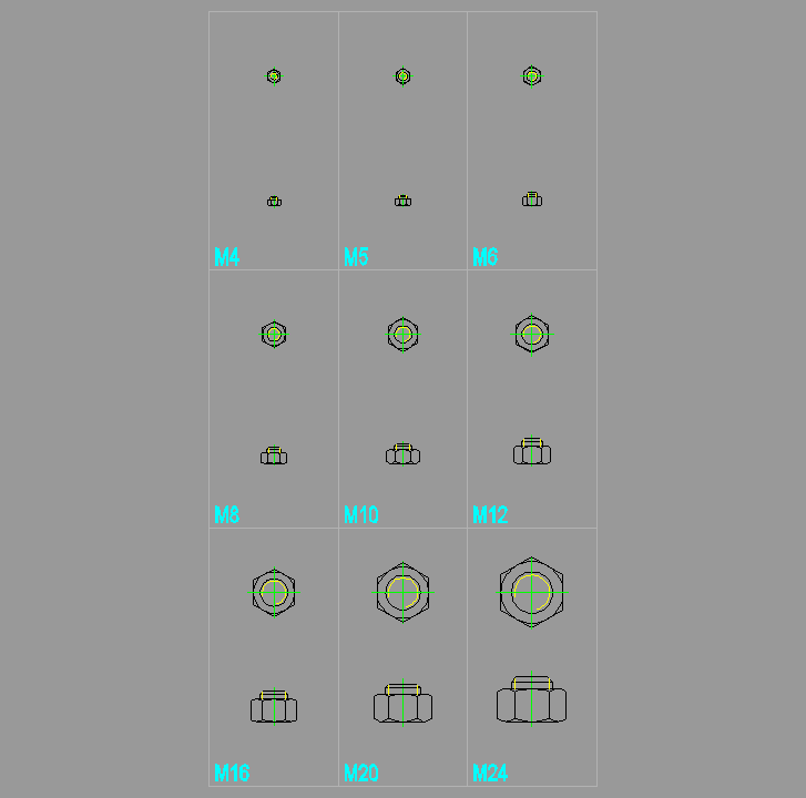 Bloque Autocad Juego varias medidas de TUERCAS HEXAGONAL DIN 934 NORMAL